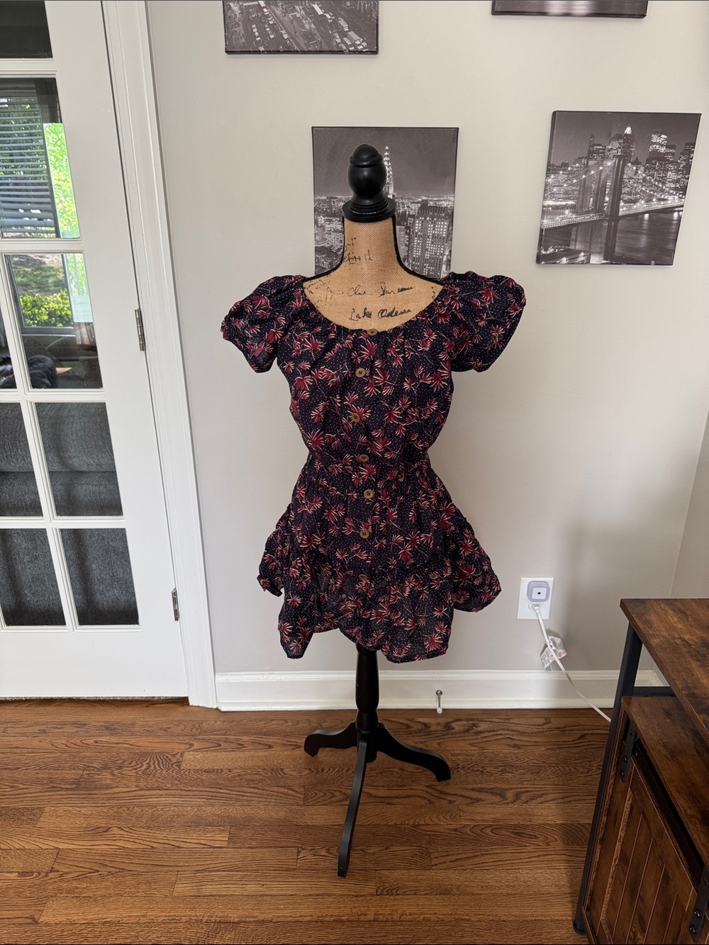 Black Floral Button-Front Mini Dress
